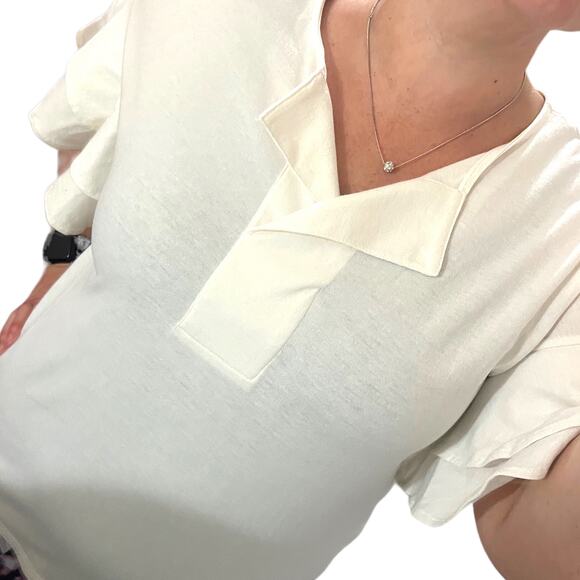 Worthington (M) Ruffle Short Bell Sleeve Split V Neck Blouse Tee Top Placket - Picture 11 of 12